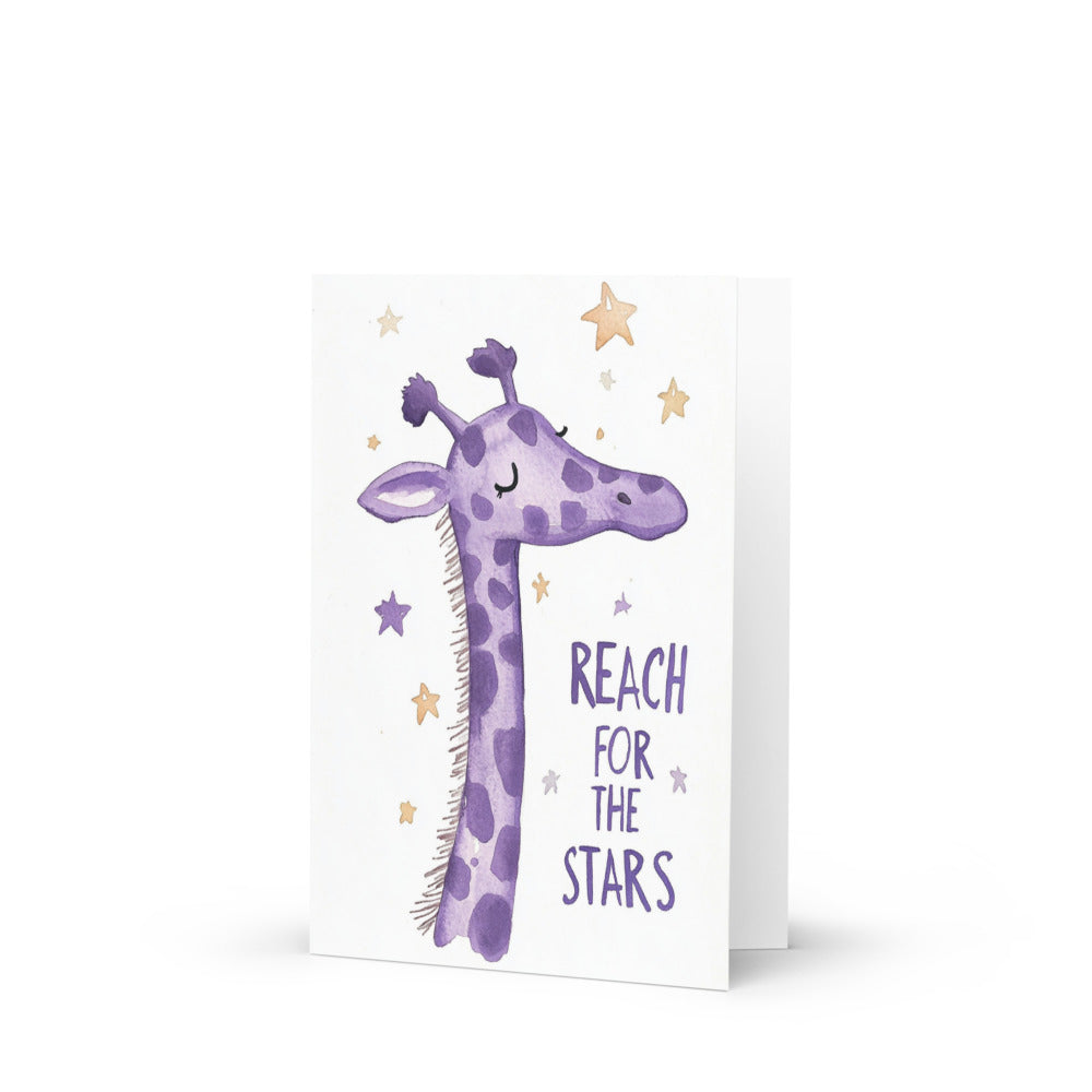Whimsical purple giraffe greeting card featuring the phrase 'REACH FOR THE STARS' set against a clean white background, perfect for children's celebrations and encouragement. Watercolor illustration in a playful cartoon style.