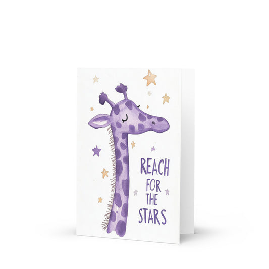 Whimsical purple giraffe greeting card featuring the phrase 'REACH FOR THE STARS' set against a clean white background, perfect for children's celebrations and encouragement. Watercolor illustration in a playful cartoon style.
