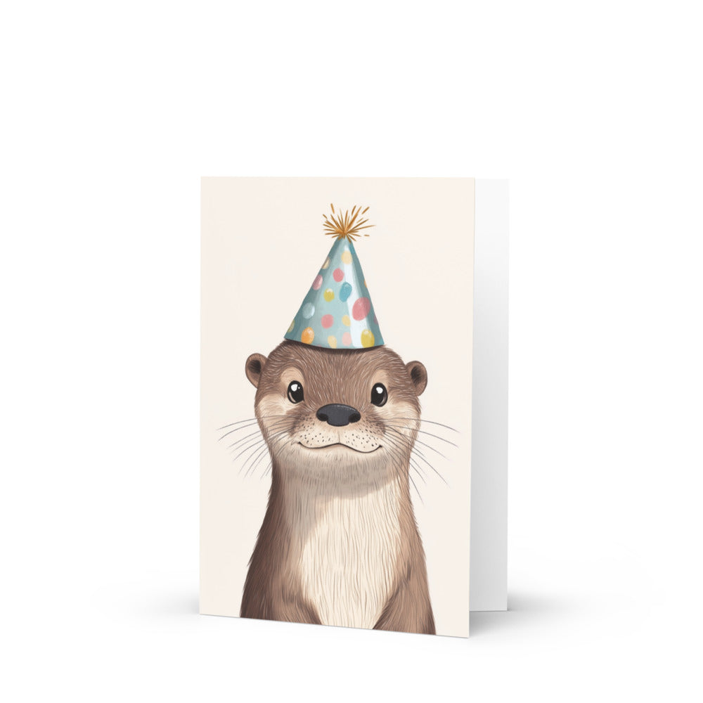 Cute otter birthday card featuring a whimsical illustration of a happy otter in a colorful birthday hat, perfect for otter lovers celebrating special occasions with humor and charm in a light-hearted design.