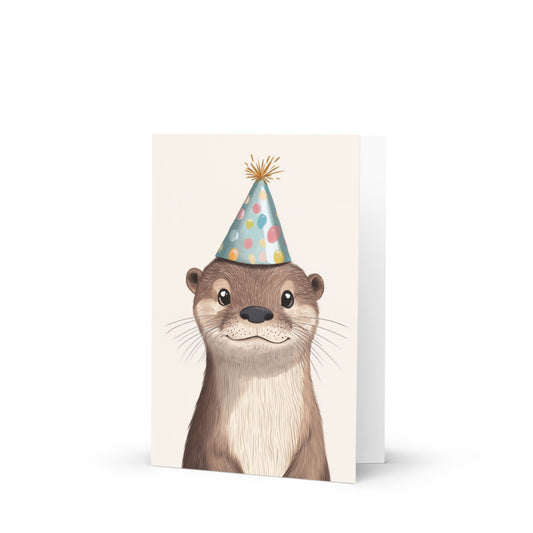 Cute otter birthday card featuring a whimsical illustration of a happy otter in a colorful birthday hat, perfect for otter lovers celebrating special occasions with humor and charm in a light-hearted design.