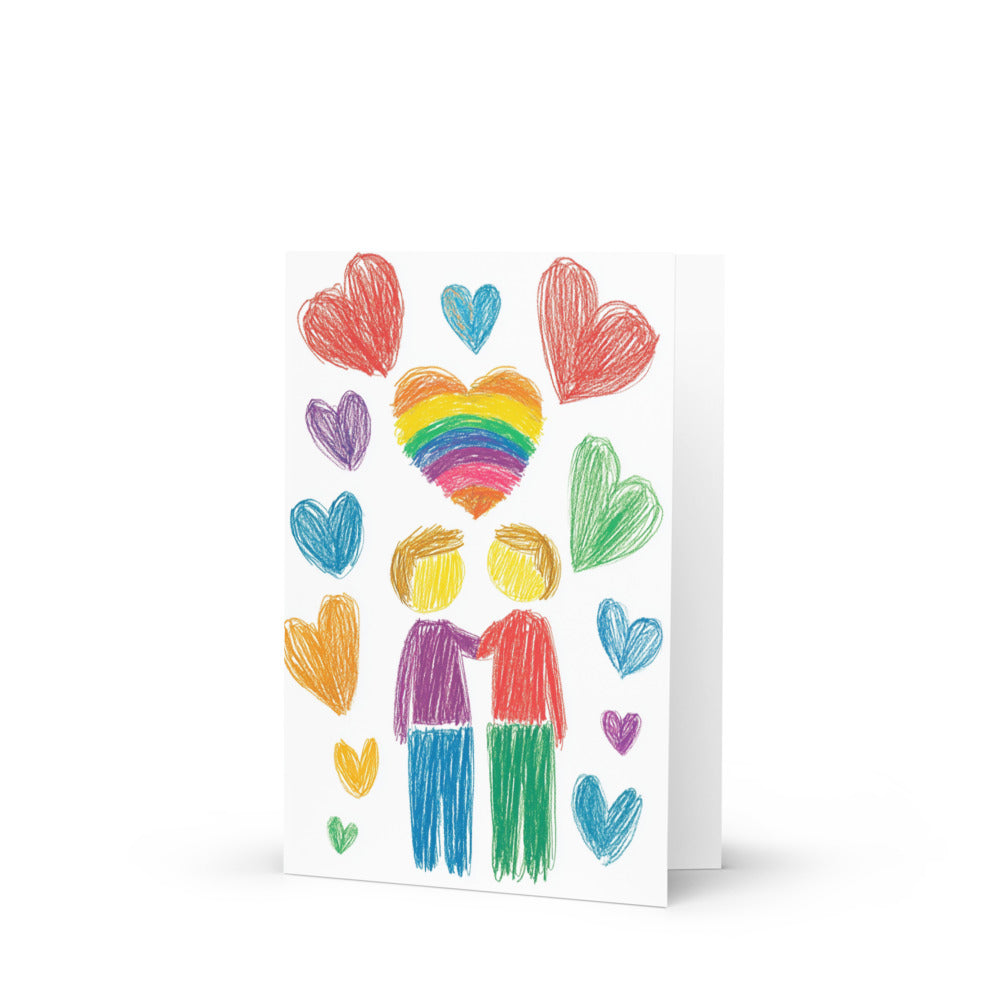Vibrant Affectionate Love Greeting Card showcasing two joyful men in a loving embrace, surrounded by colorful hearts and a bright rainbow, perfect for gay couples celebrating love and pride.