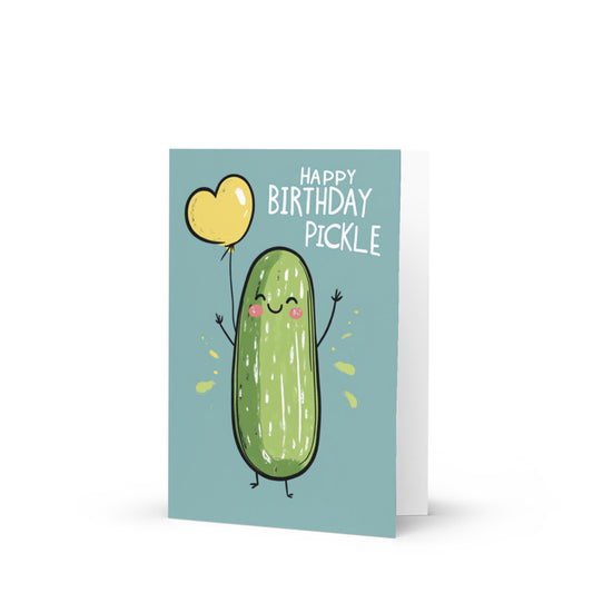 Happy Birthday Pickle greeting card featuring a cute pickle holding a yellow heart-shaped balloon on a light blue background, perfect for birthday celebrations and pickle lovers.