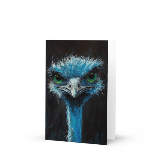 Unique blue ostrich greeting card featuring vibrant green eyes and frayed feathers, beautifully crafted in acrylic paint on a dark background, perfect for quirky art lovers.