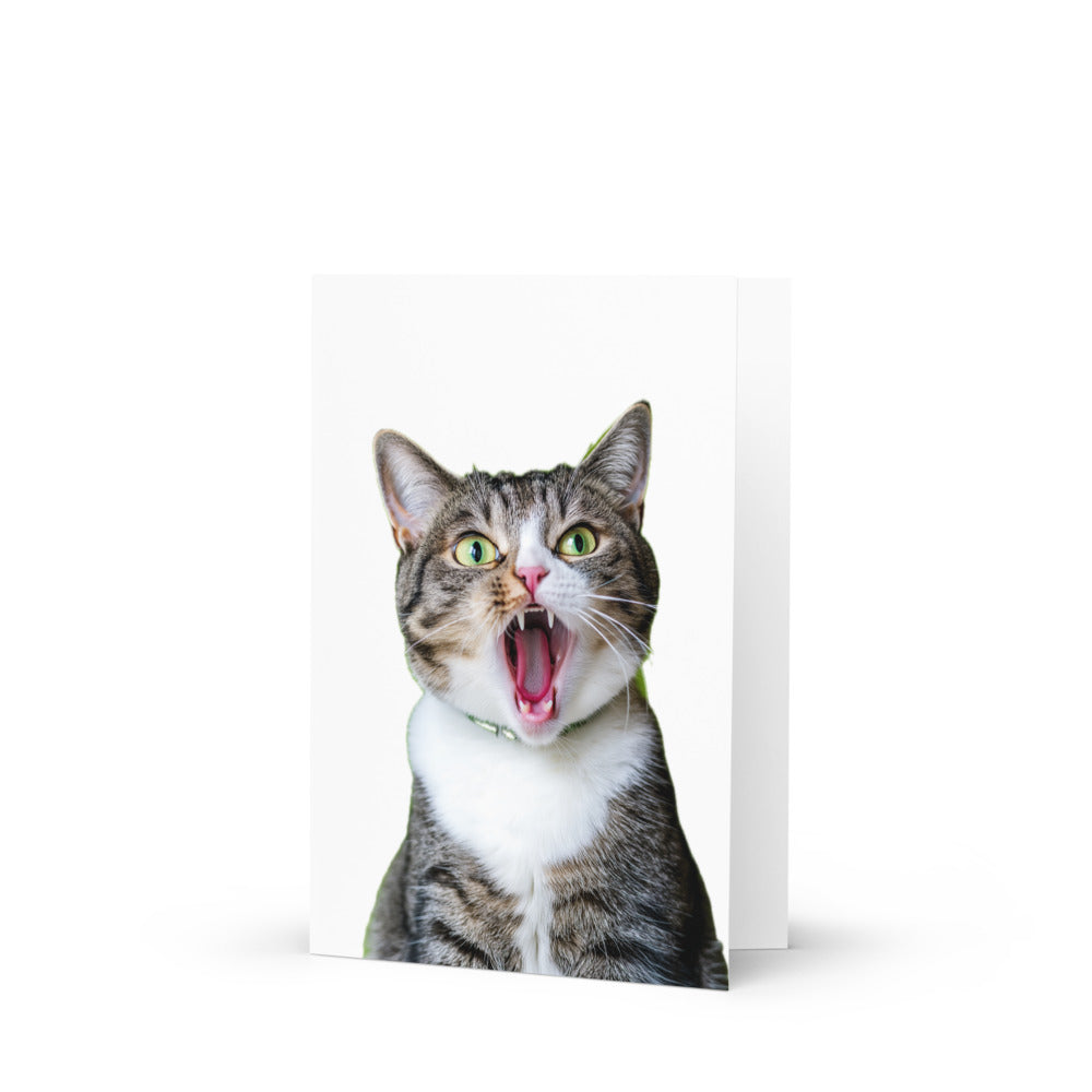 Vibrant Kawaii cat greeting card featuring an expressive cat mid-yawn on a minimalist white background, perfect for cat lovers and anime fans.