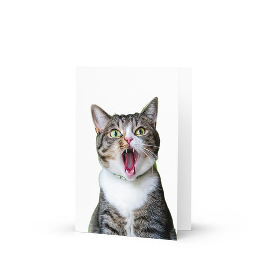 Vibrant Kawaii cat greeting card featuring an expressive cat mid-yawn on a minimalist white background, perfect for cat lovers and anime fans.