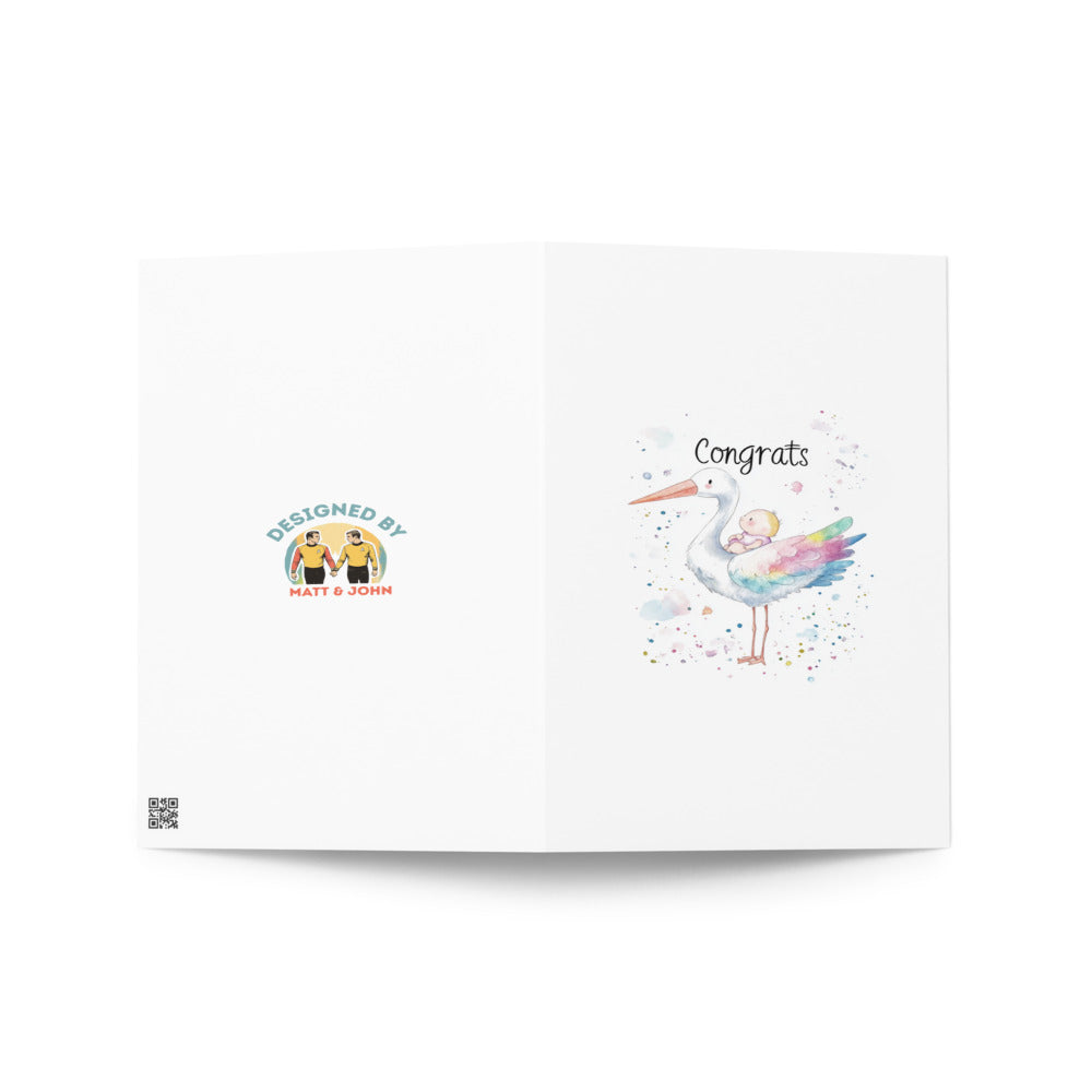 Front view of a charming watercolor greeting card depicting a whimsical stork with a baby, complete with the words 'Congrats!' at the top, perfect for surrogate celebrations.
