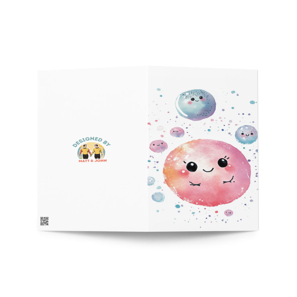Front view of a whimsical gay embryo greeting card with adorable kawaii characters, ideal for conveying heartfelt support during family-building journeys related to IVF and egg collection.
