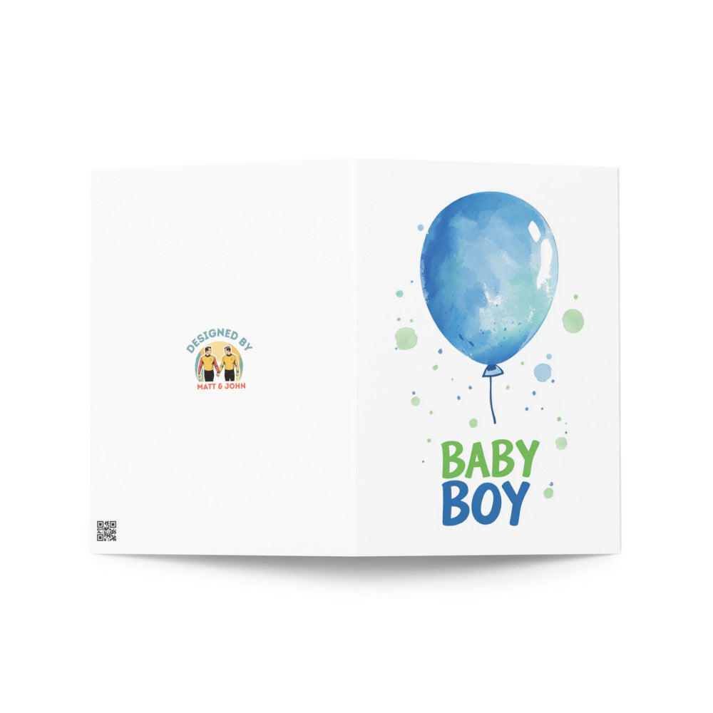 Inside of the Baby Boy Balloon Greeting Card, completely blank for heartfelt messages, offering a personal touch for baby announcements and special occasions, made with eco-friendly materials.