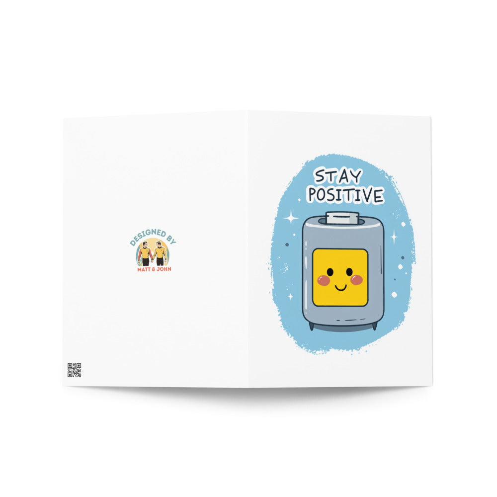 Inside view of the Stay Positive Battery Greeting Card with blank space for personal notes, perfect for heartfelt messages to friends and loved ones.