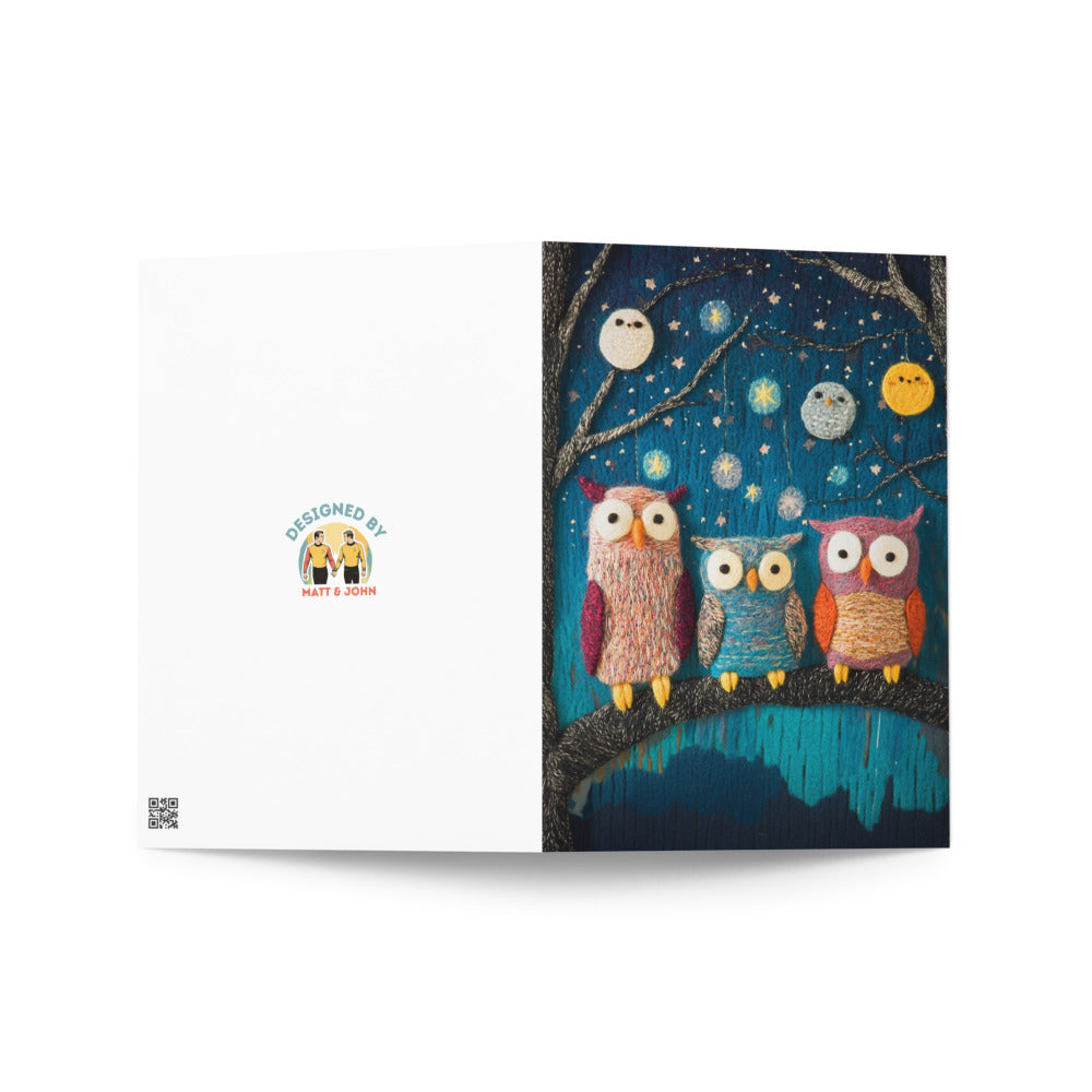 Whimsical greeting card featuring felted owls and a cheerful moon, ideal for birthdays or heartfelt notes, designed to bring joy and warmth to loved ones.