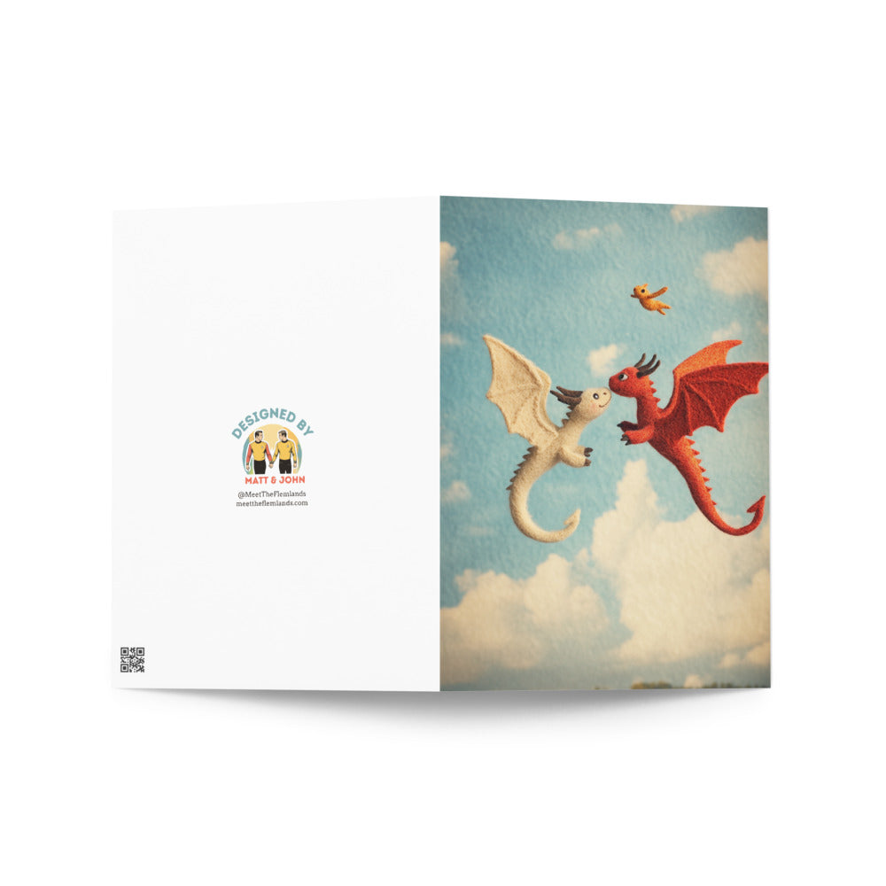 Beautifully crafted card for new parents, featuring two cute dragons and a flying little dragon, symbolizing joy, love, and family togetherness.