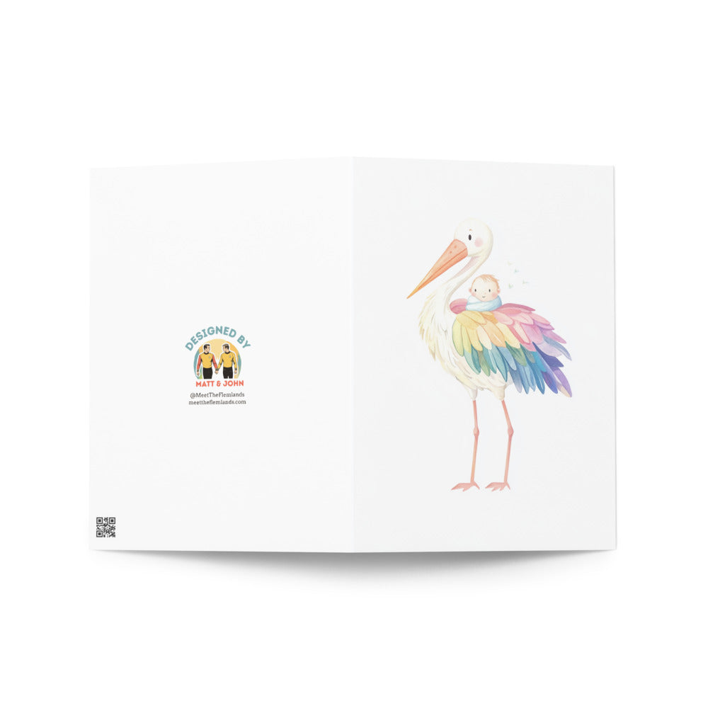 Inside view of a blank birth card for gay parents, providing ample space for heartfelt messages, featuring a minimalist design with a charming stork illustration.