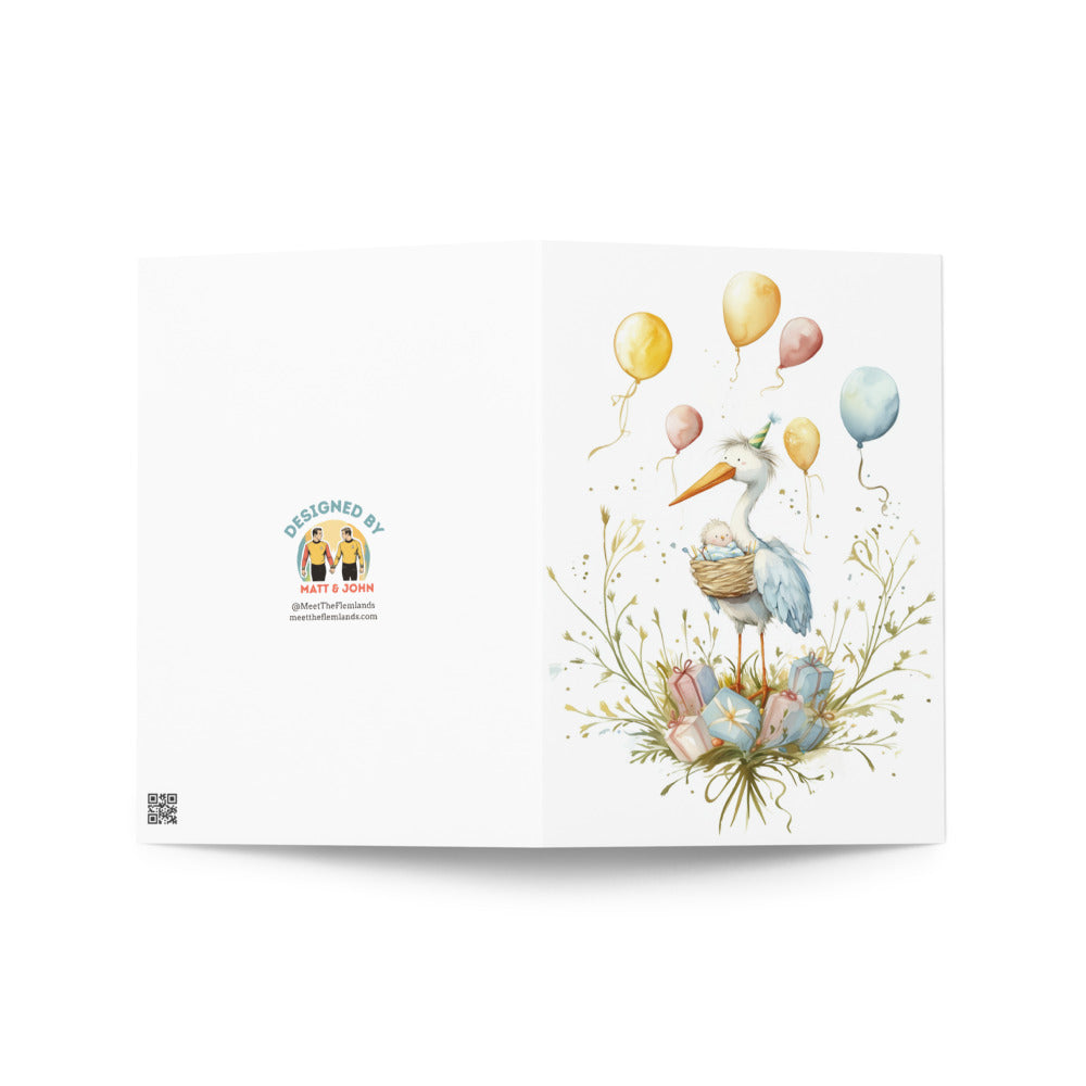 Close-up of the vibrant artwork on the Surrogate Birth Anniversary card, showcasing a delightful stork, cozy nest, and pastel balloons, radiating joy and appreciation for surrogacy.