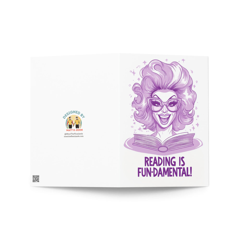 Close-up of the drag queen character from the greeting card, adorned with extravagant hair and glamorous accessories, embodying joy and creativity while promoting the joy of reading.