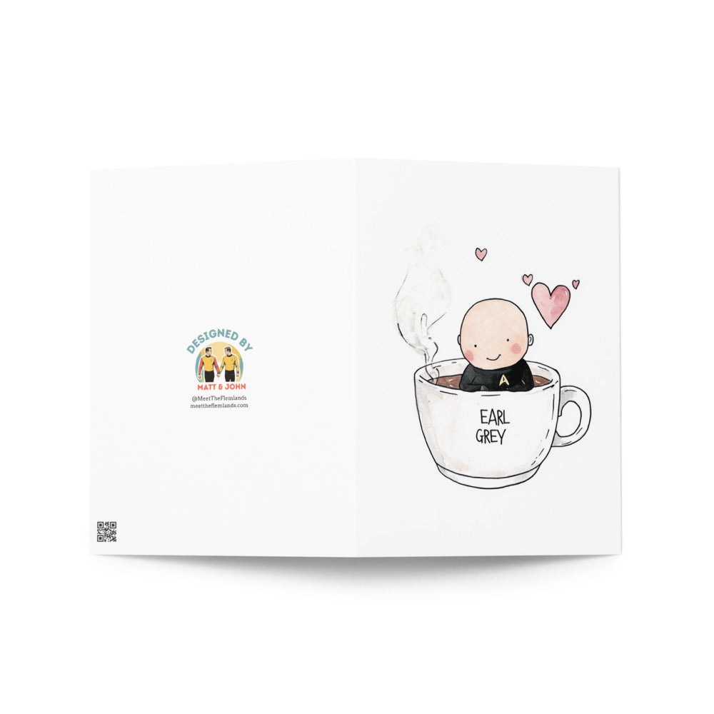 High-quality greeting card design showcasing Captain Picard inside a coffee mug filled with Earl Grey tea, great for birthdays and thank you notes, appealing to Star Trek and tea lovers alike.