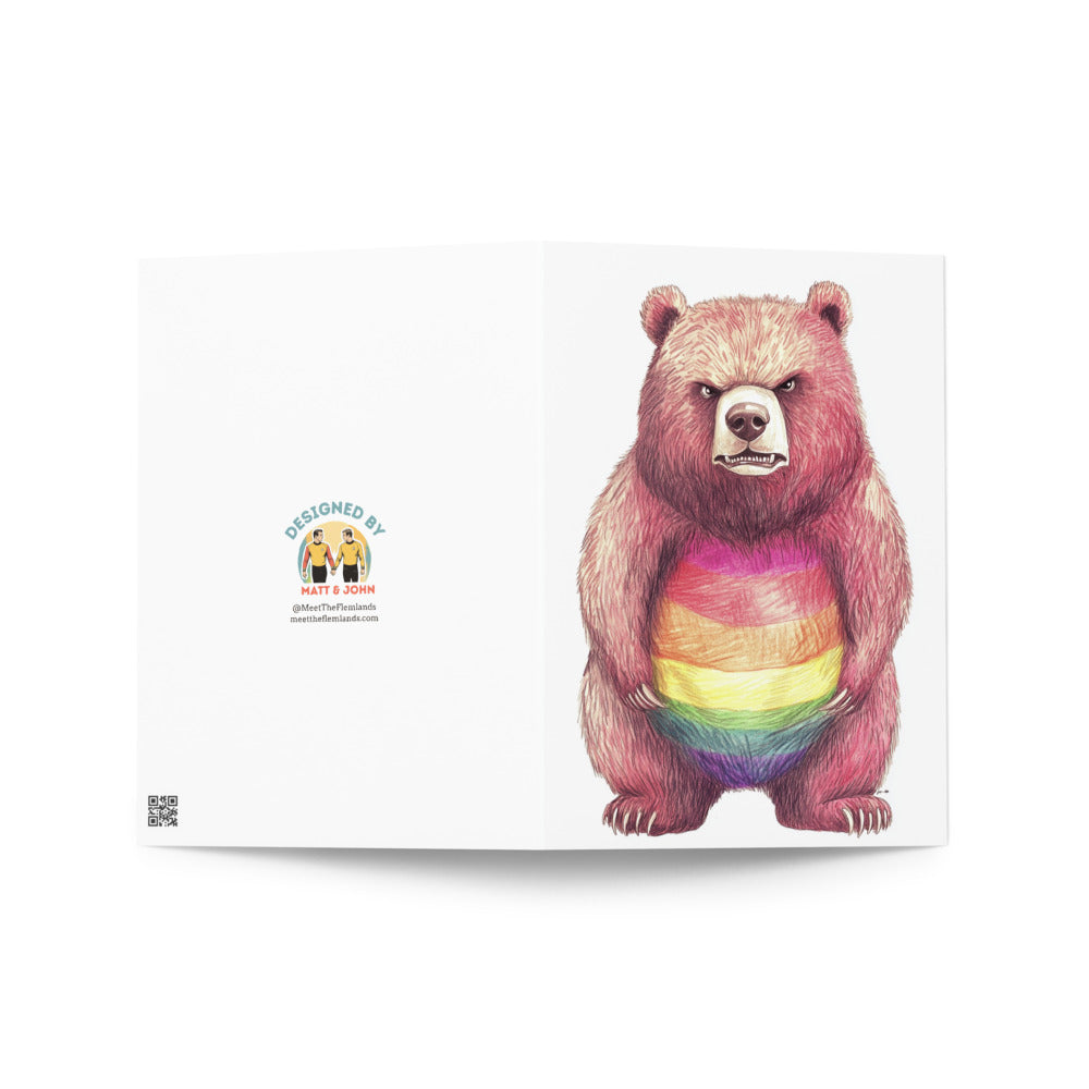 Angry grizzly bear card with a rainbow belly displayed on a solid white background, perfect for sending quirky and heartfelt messages to friends and family, a unique art piece for any occasion.