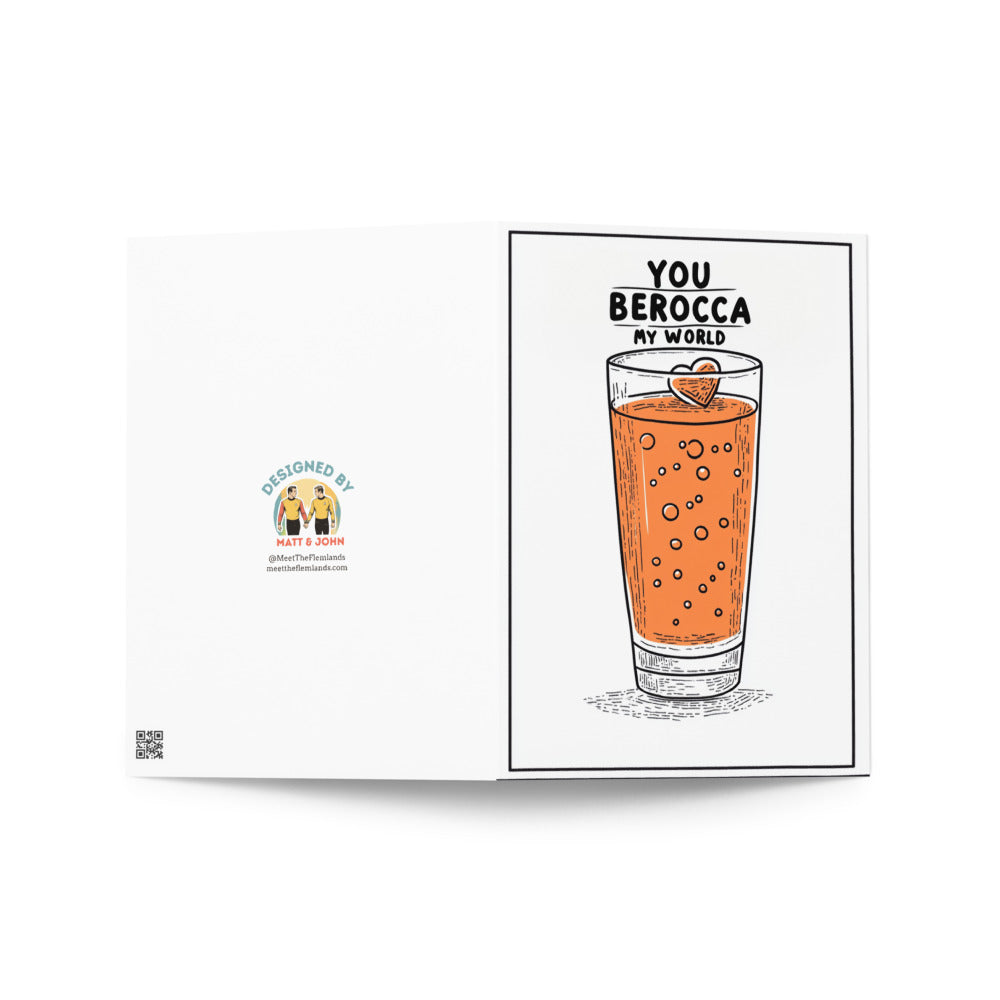 Funny Valentine's card designed with a tall orange drink and bubbly accents, featuring the text 'YOU BEROCCA MY WORLD' that adds a quirky touch to romantic celebrations.