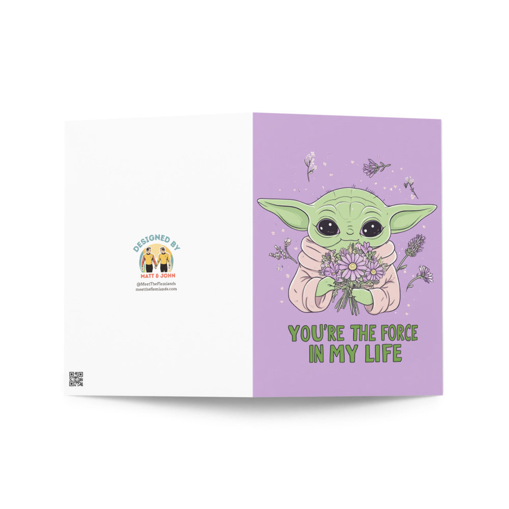 Adorable Yoda-inspired greeting card featuring a kawaii creature with flowers, vibrant colors, and the phrase 'YOU'RE THE FORCE IN MY LIFE', perfect for birthdays, appreciation, or just because.