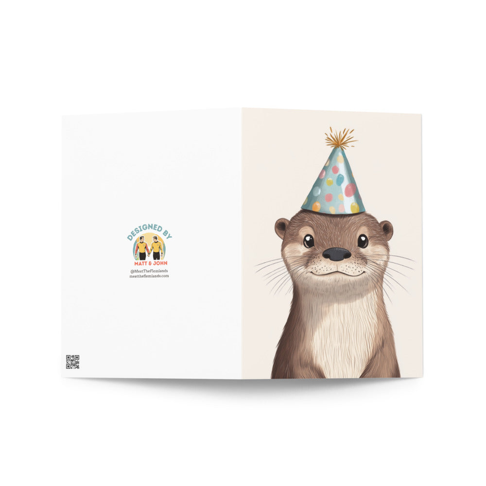 Whimsical otter birthday card with colorful artwork that captures the joy of birthdays, suitable for unique gift-giving for otter enthusiasts and those who appreciate playful, charming designs.