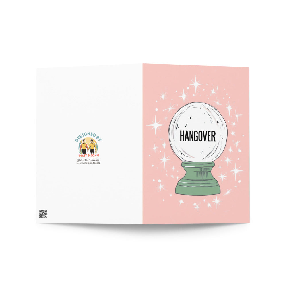 Pastel pink hangover card showcasing a charming crystal ball and whimsical stars, designed for laughter and joy during post-party moments with friends.