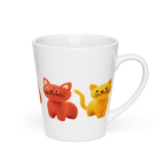 Whimsical felted cats latte mug with colorful designs